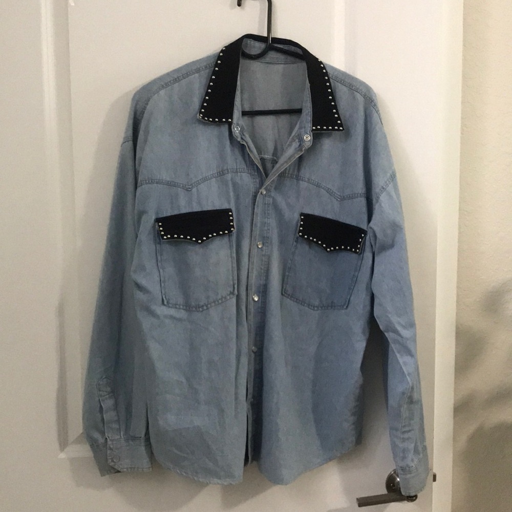 Denim shirt with suede studded trim